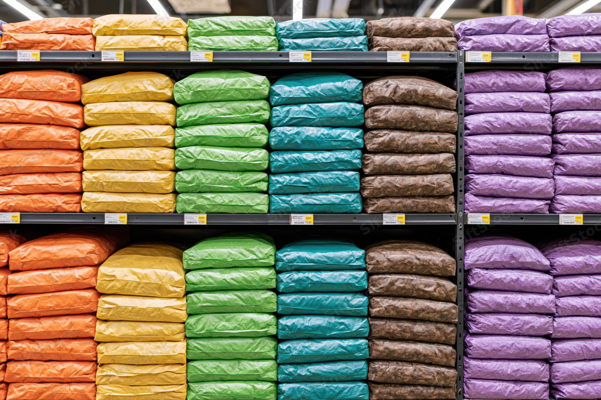 Stacked colorful bags of dry cat food on shelves in a retail store aisle