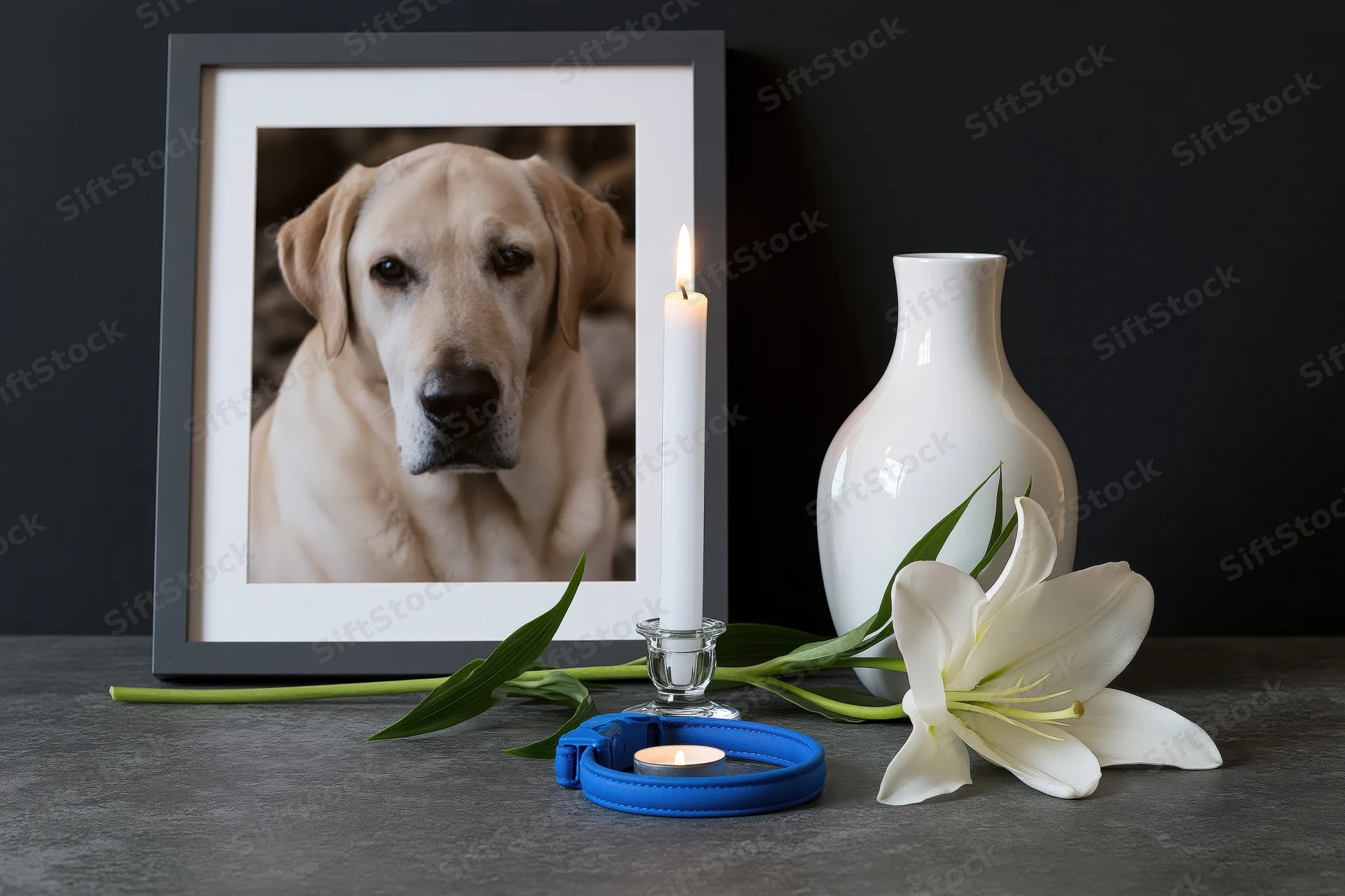 Framed photograph of a labrador dog beside a lit candle, white lily and blue collar on a dark grey surface
