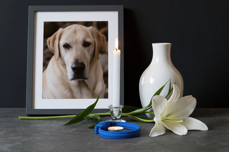 Framed photograph of a labrador dog beside a lit candle, white lily and blue collar on a dark grey surface