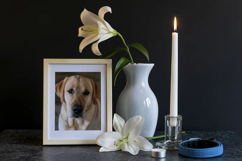 Framed photo of a dog beside white lilies, a lit candle, and a blue collar on a dark surface