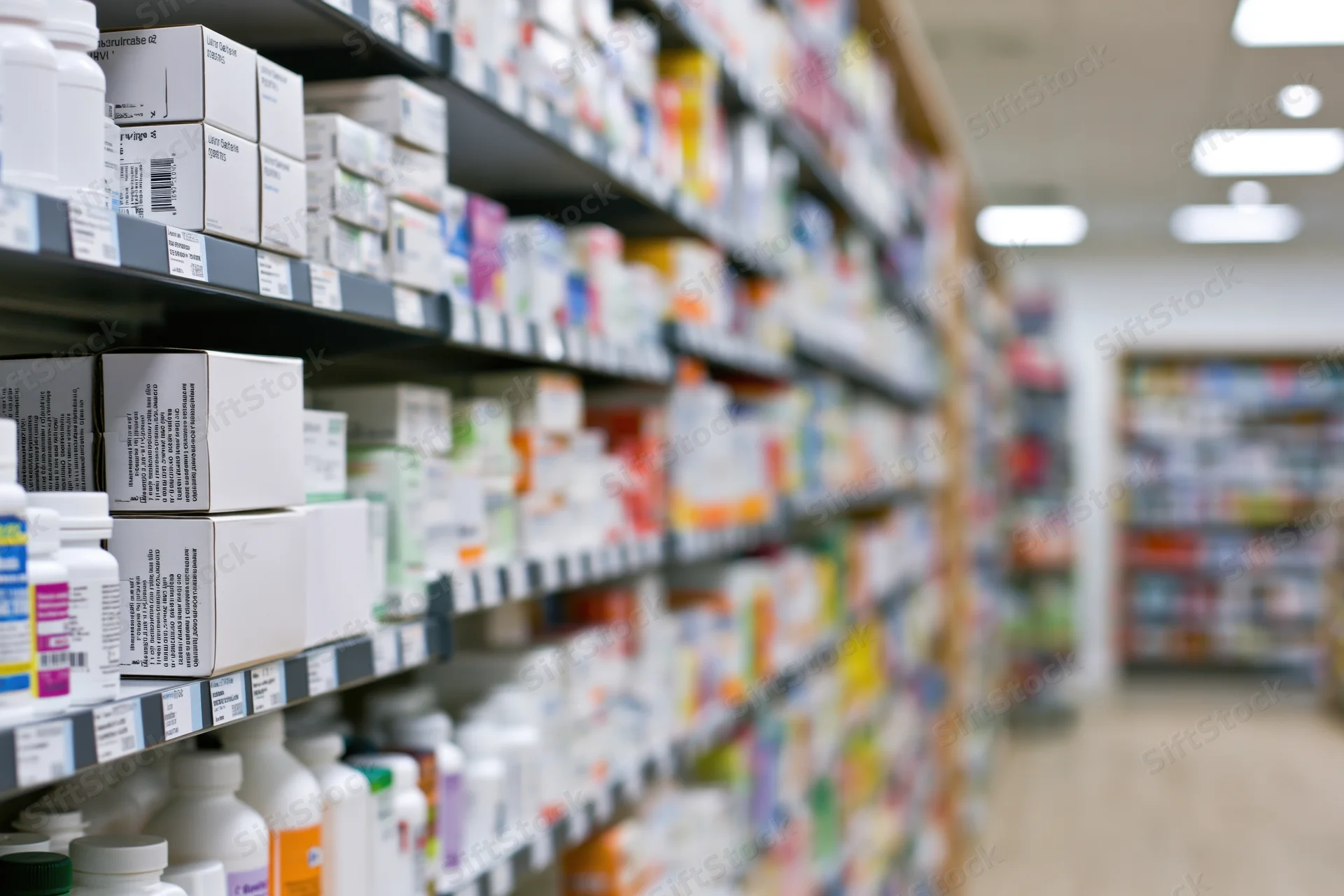 Pharmacy shelves stocked with over-the-counter medicine boxes in a retail pharmacy aisle