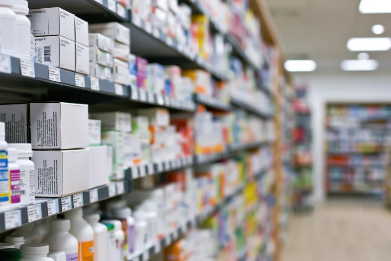Pharmacy shelves stocked with over-the-counter medicine boxes in a retail pharmacy aisle