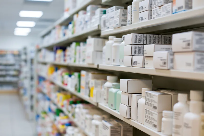 Pharmacy shelves stocked with over-the-counter medicine boxes in a retail store aisle