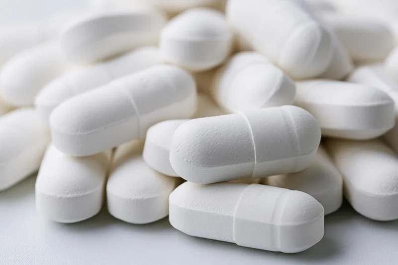 Pile of white oval pharmaceutical tablets scattered loosely on a plain surface