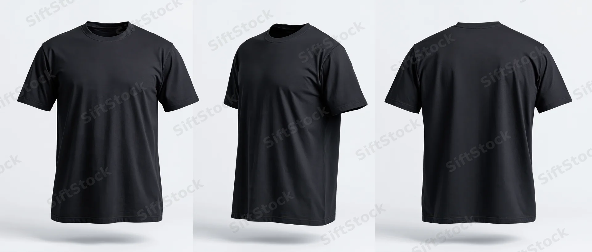 Black crew-neck t-shirt shown front, side and back views on white background