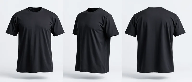 Black crew-neck t-shirt shown front, side and back views on white background