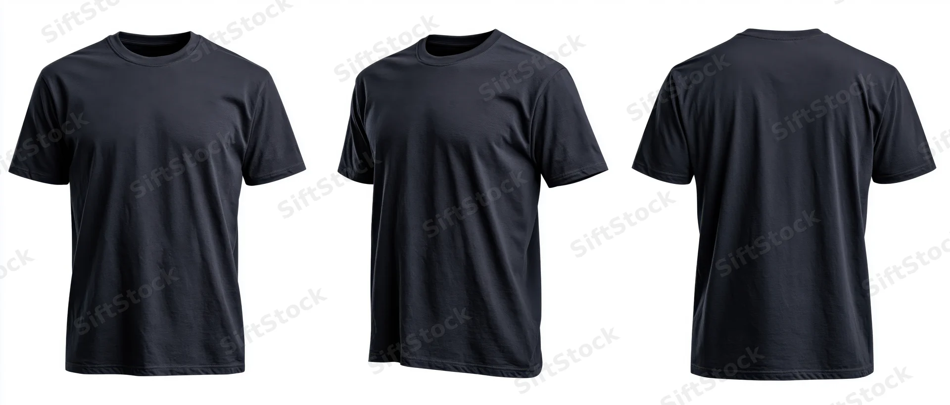 Three views of a plain black cotton crew-neck t-shirt on white background