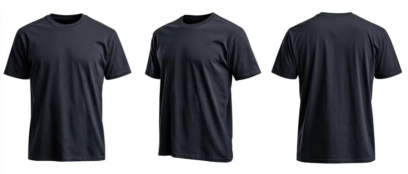 Three views of a plain black cotton crew-neck t-shirt on white background