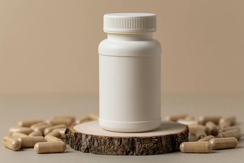 White supplement bottle on wooden slice surrounded by capsules on neutral surface