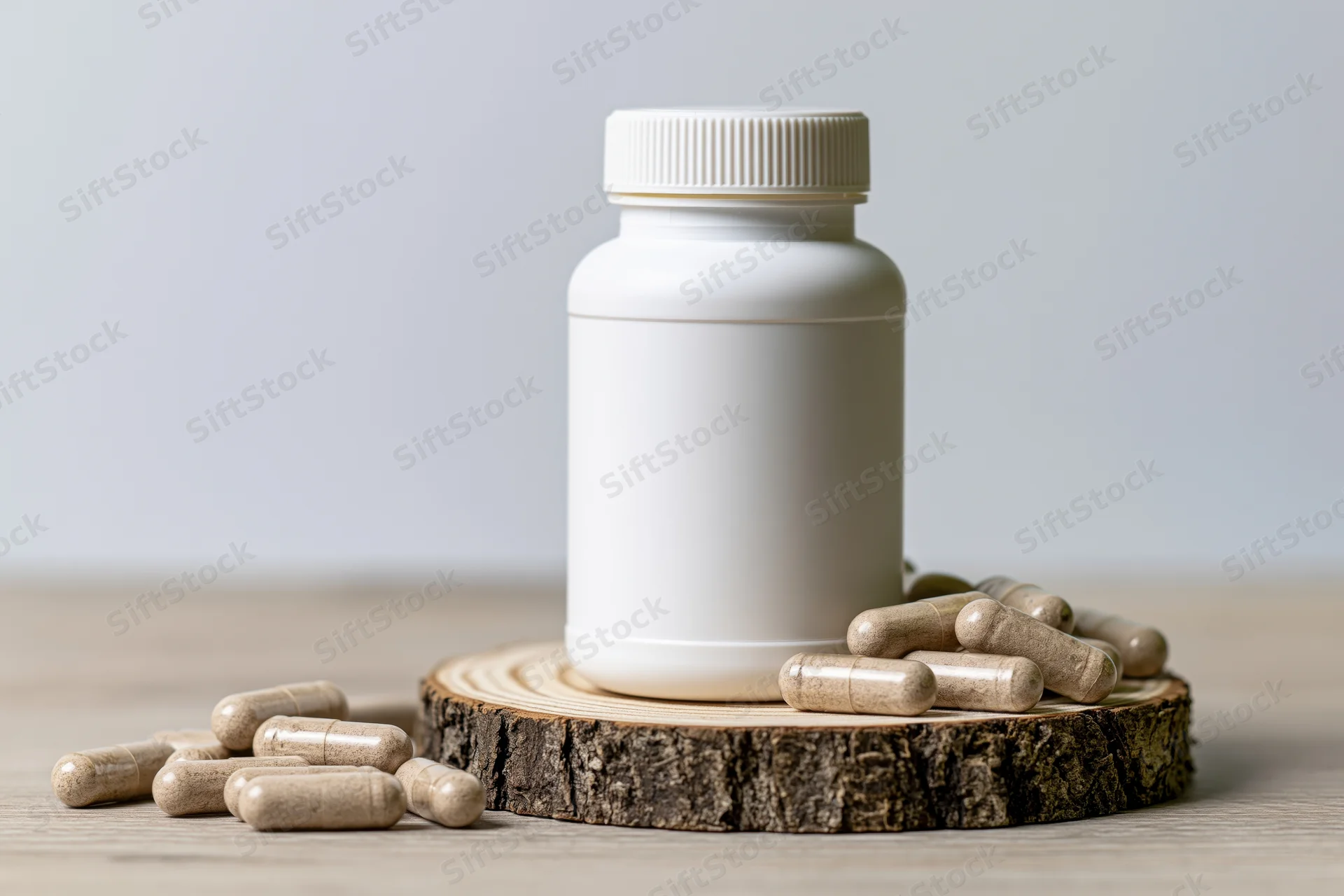 White unlabeled supplement bottle with capsules on a wooden slice on a light surface