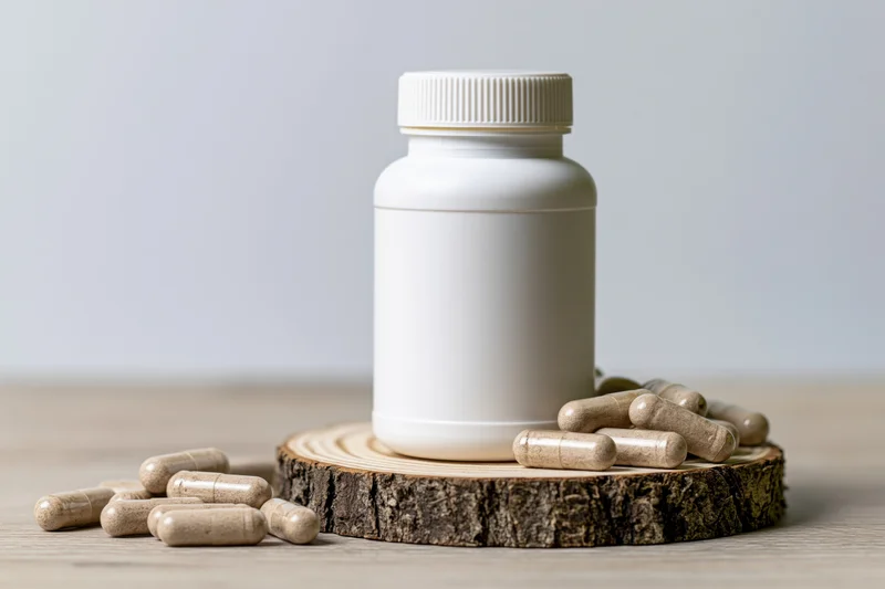 White unlabeled supplement bottle with capsules on a wooden slice on a light surface