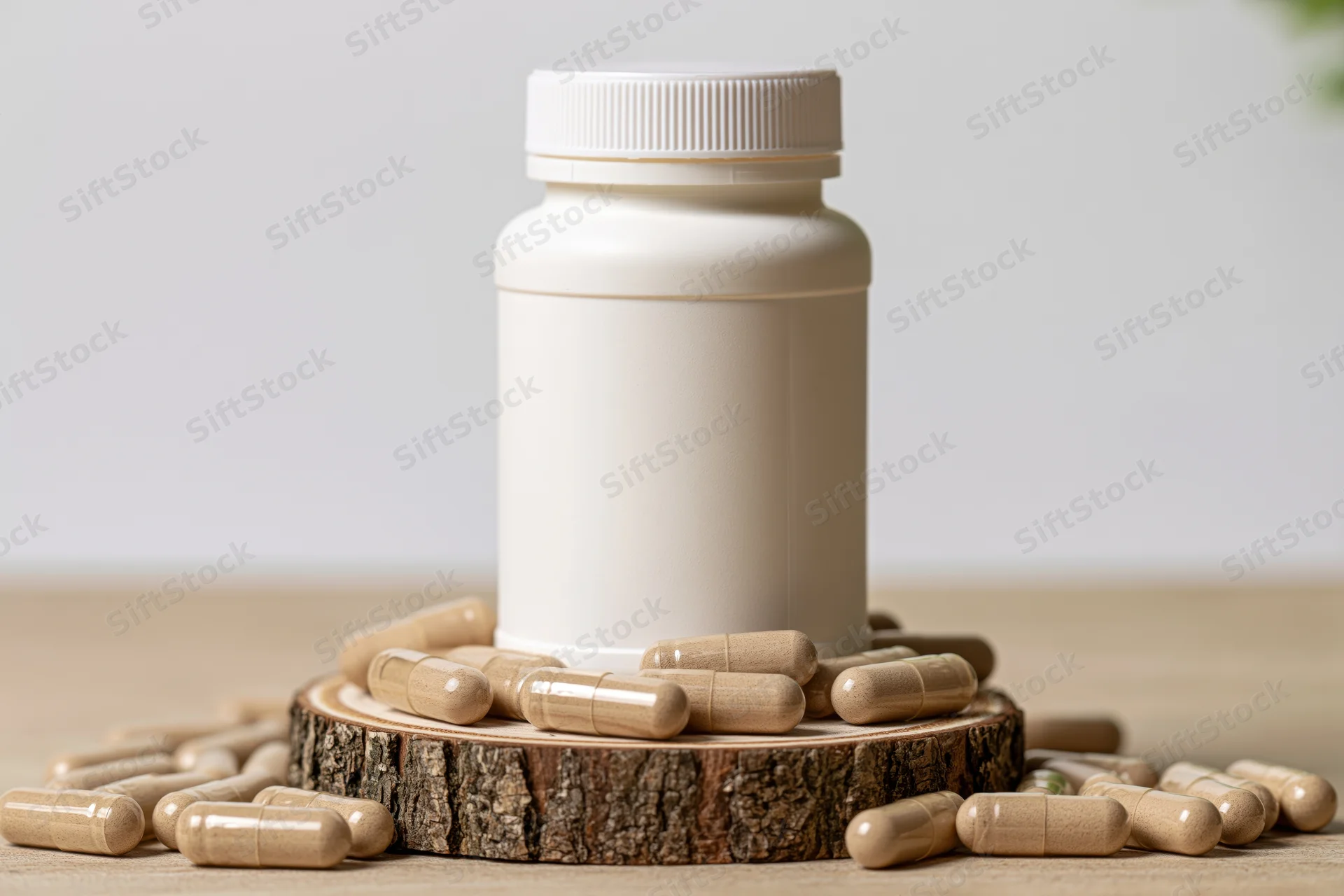 White unlabeled supplement bottle with scattered capsules on a wooden slice on a table