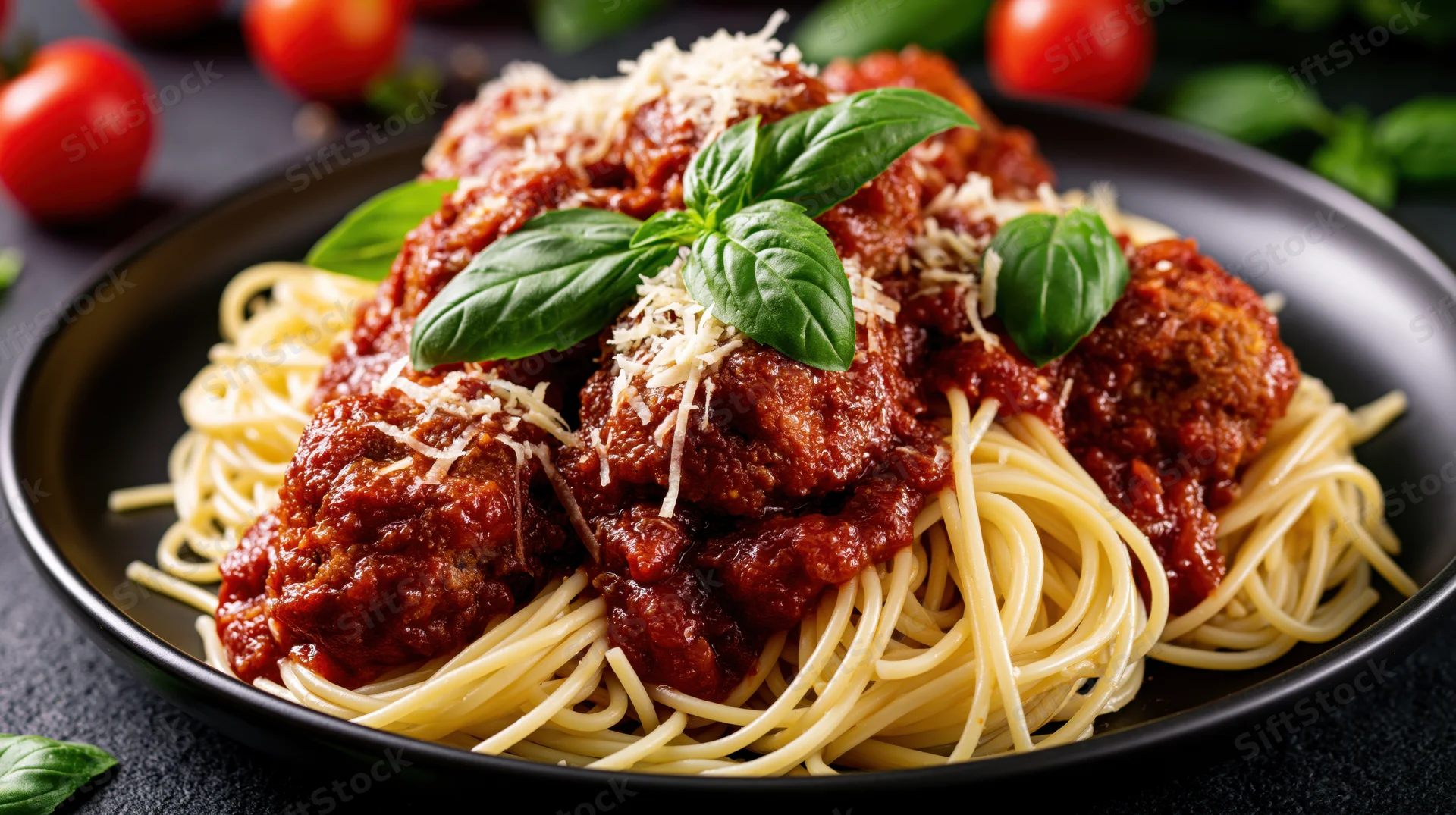 Spaghetti with meatballs in tomato sauce topped with basil and parmesan on a black plate