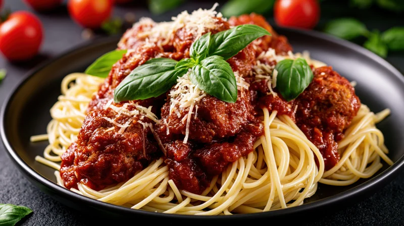 Spaghetti with meatballs in tomato sauce topped with basil and parmesan on a black plate