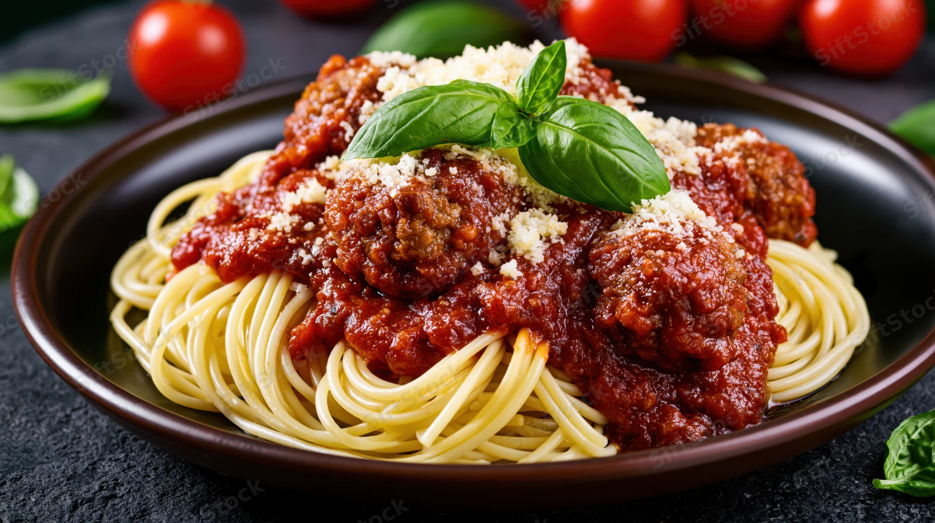 Spaghetti with meatballs in tomato sauce topped with basil and parmesan on a dark plate