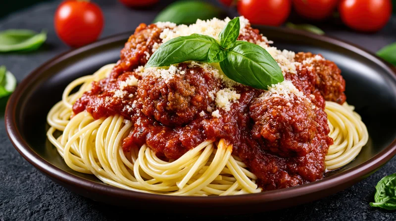 Spaghetti with meatballs in tomato sauce topped with basil and parmesan on a dark plate