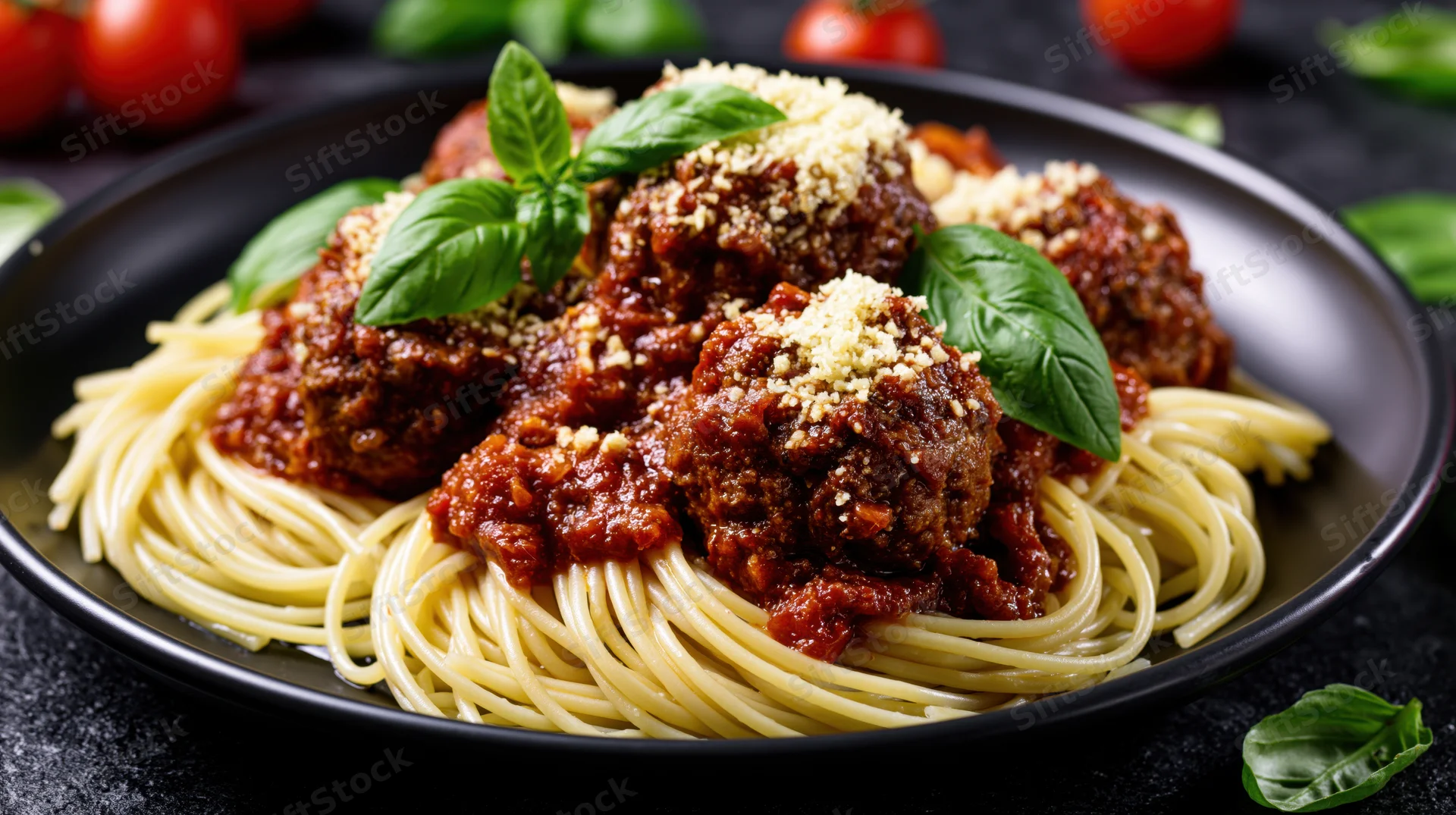 Spaghetti with meatballs in tomato sauce on a black plate garnished with basil and grated cheese