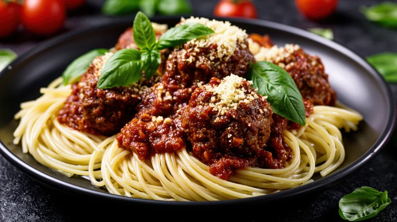 Spaghetti with meatballs in tomato sauce on a black plate garnished with basil and grated cheese