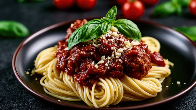 Spaghetti with meatballs in tomato sauce topped with basil and grated cheese on a black plate