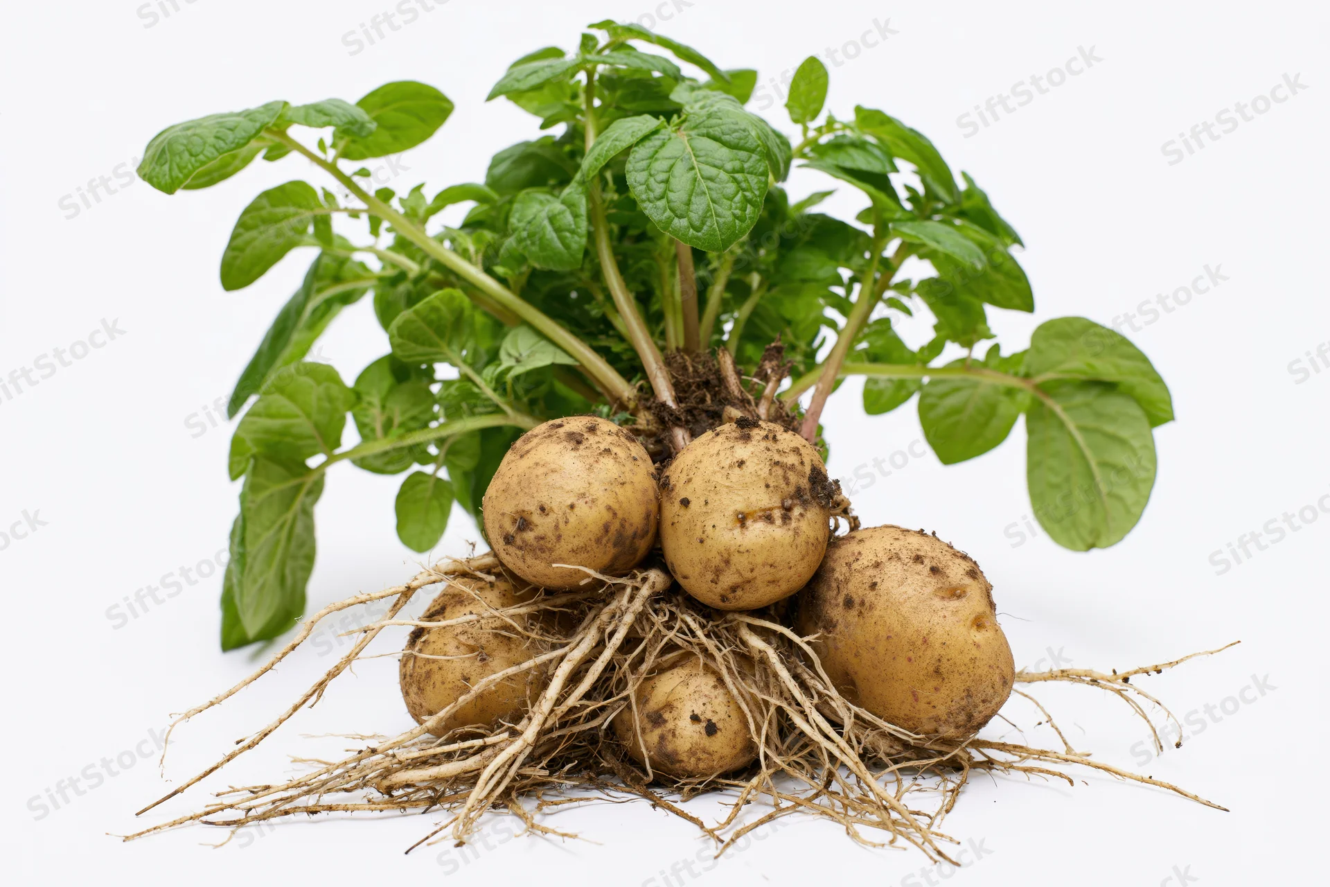 Potato plant with exposed roots and green leaves on white background
