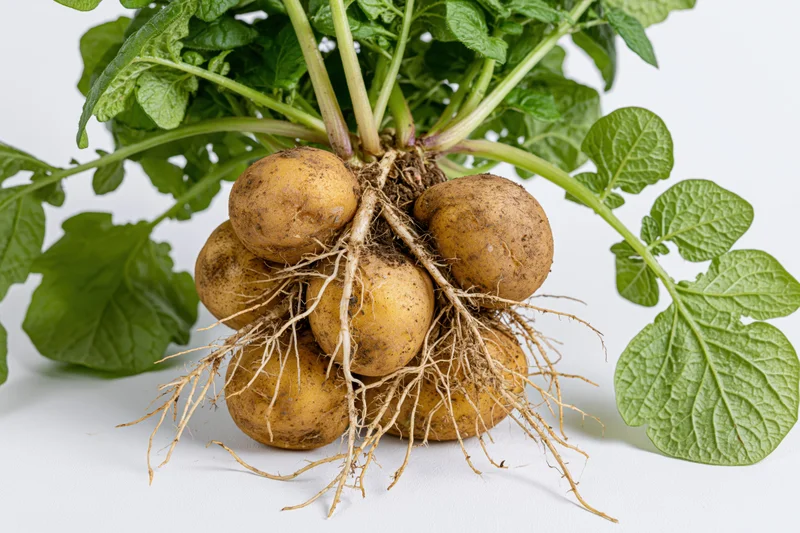 Potato plant with exposed roots and green leaves on white background