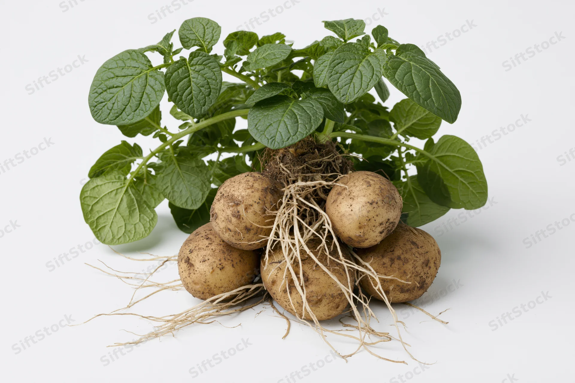 Potato plant with exposed roots and green leaves on white background
