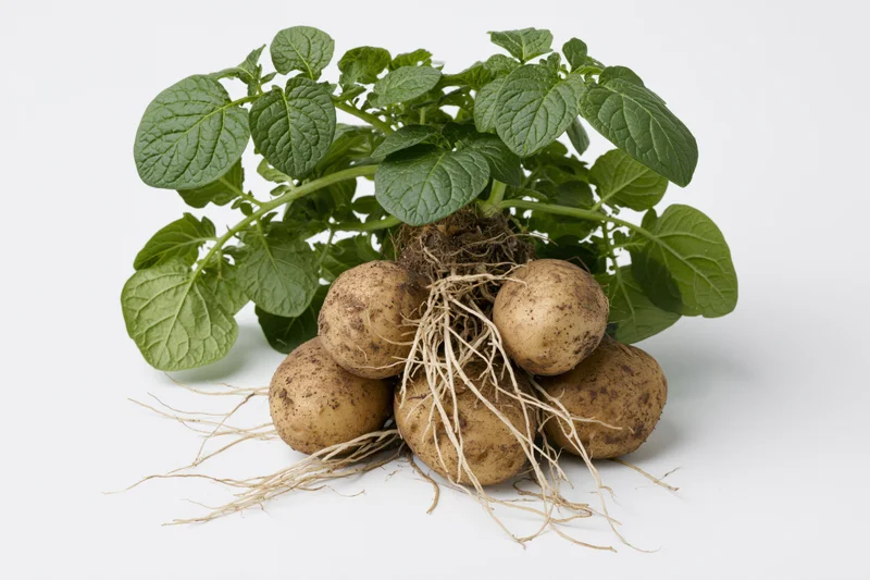 Potato plant with exposed roots and green leaves on white background