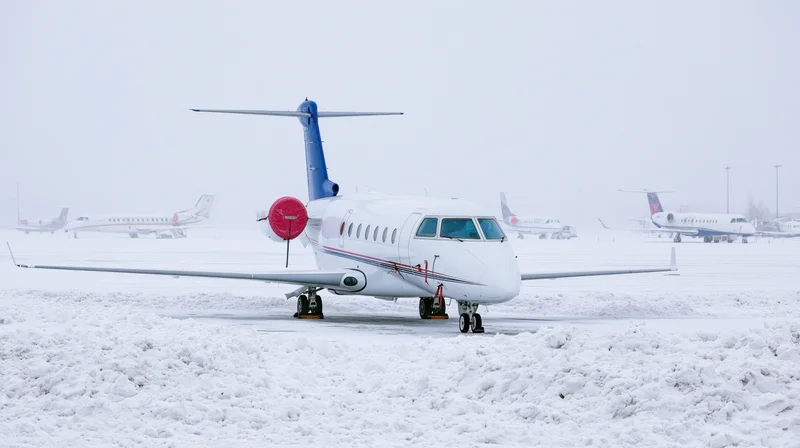 Private business jet parked on snow-covered airport tarmac