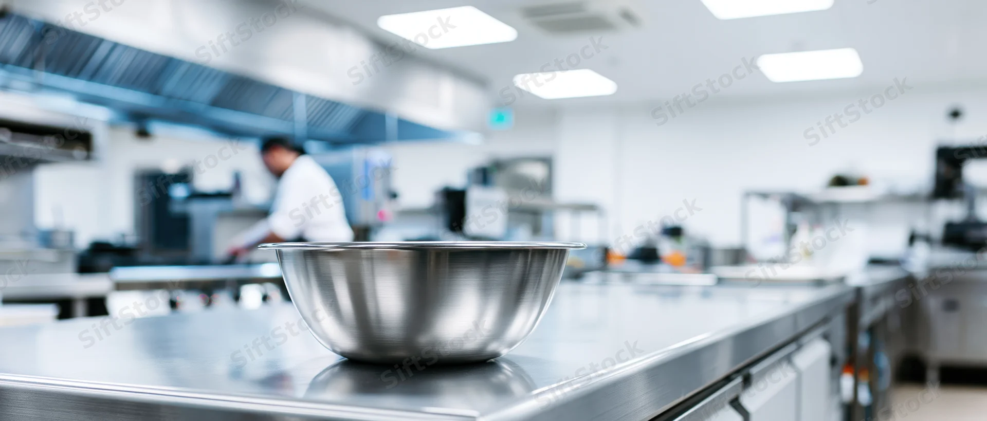 Stainless steel bowl on a commercial kitchen countertop with chef working in background
