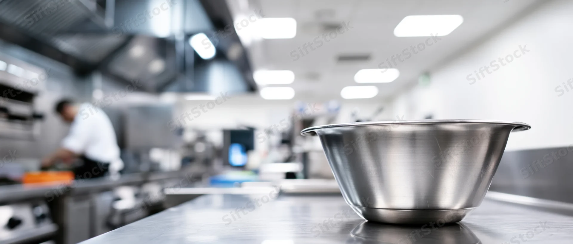 Stainless steel bowl on a commercial kitchen countertop with chef working in background