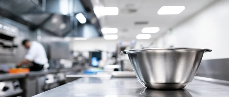 Stainless steel bowl on a commercial kitchen countertop with chef working in background