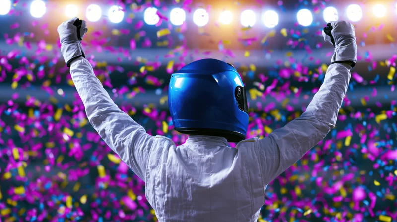 Racer in white firesuit and blue helmet celebrating victory with arms raised in stadium under confetti and spotlights