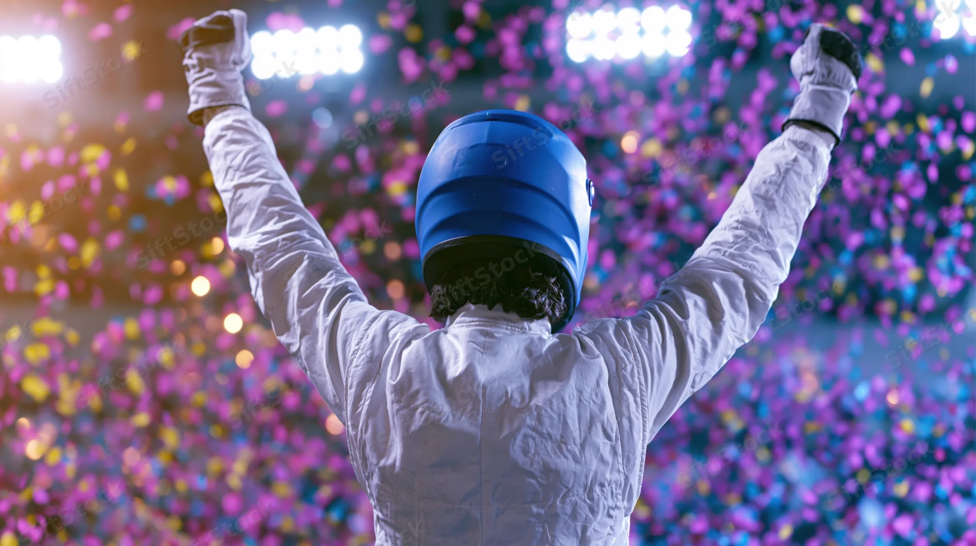 Race car driver in white firesuit and blue helmet celebrating victory with arms raised under stadium lights and falling confetti