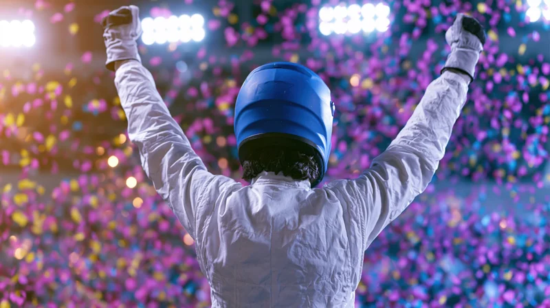 Race car driver in white firesuit and blue helmet celebrating victory with arms raised under stadium lights and falling confetti