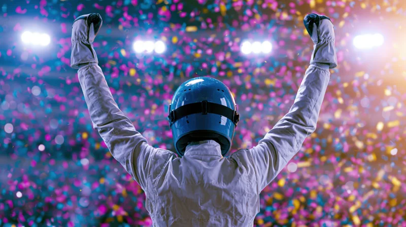 Race car driver in white firesuit and blue helmet celebrating victory with arms raised in stadium under confetti and spotlights