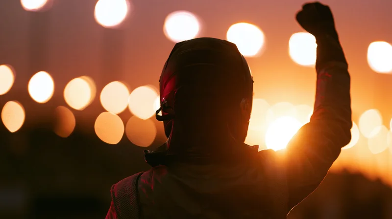Racing driver in full helmet and firesuit raising fist in victory pose against glowing bokeh lights at sunset