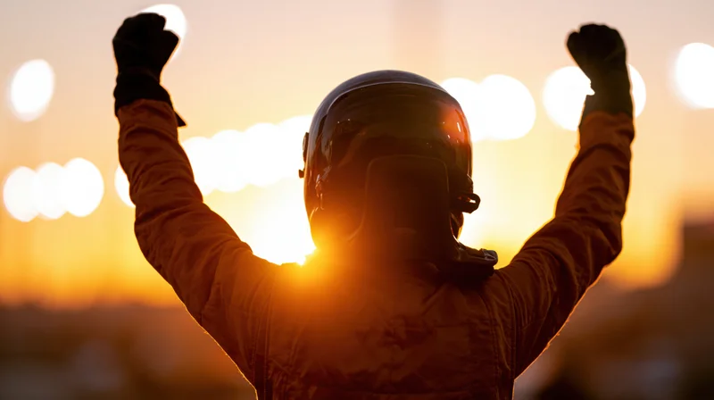 Racing driver in firesuit with arms raised in victory at sunset on track