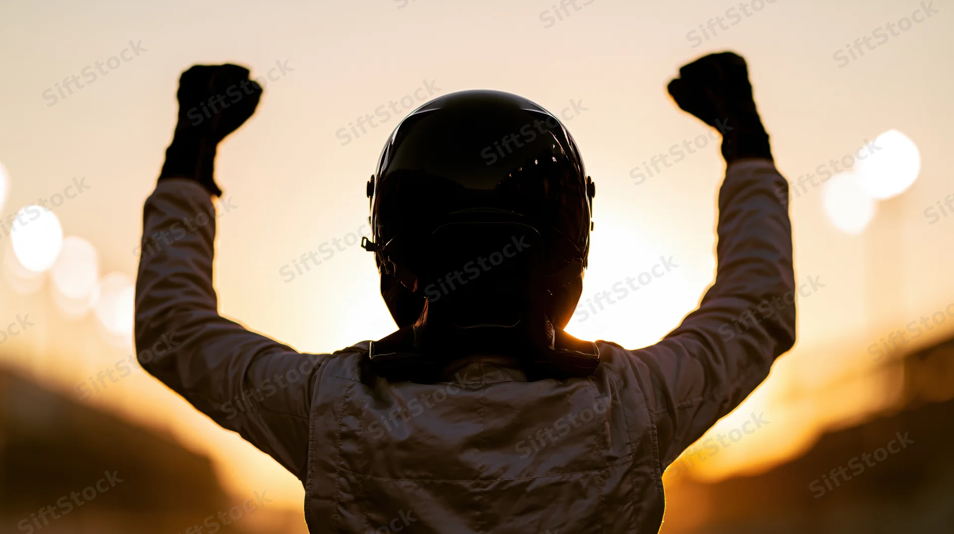 Racing driver in full helmet and suit with arms raised in victory at sunset on track