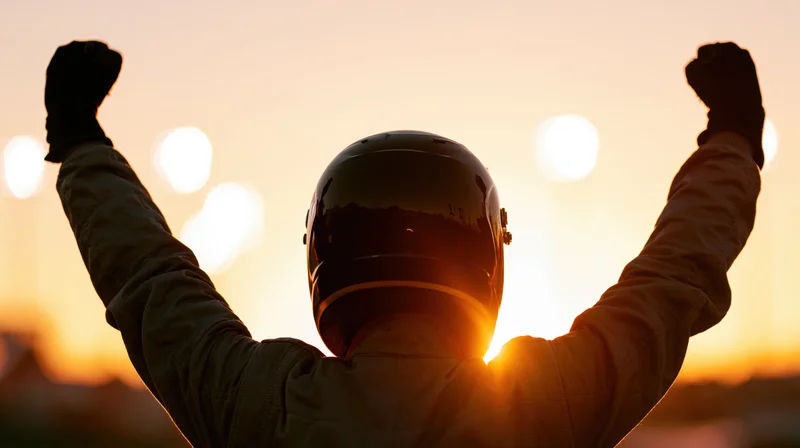 Racing driver in full helmet and suit with arms raised in victory at sunset