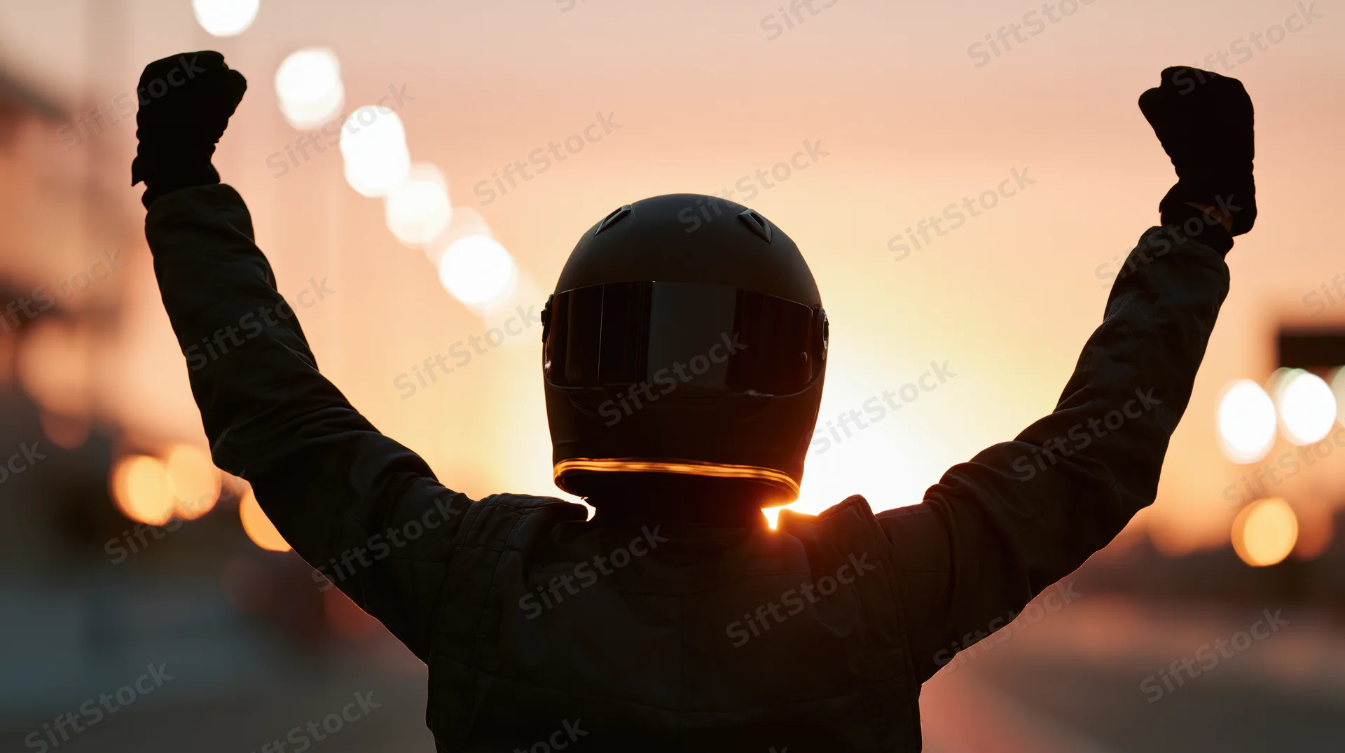 Racing driver in full helmet and suit with arms raised in victory against sunset city lights