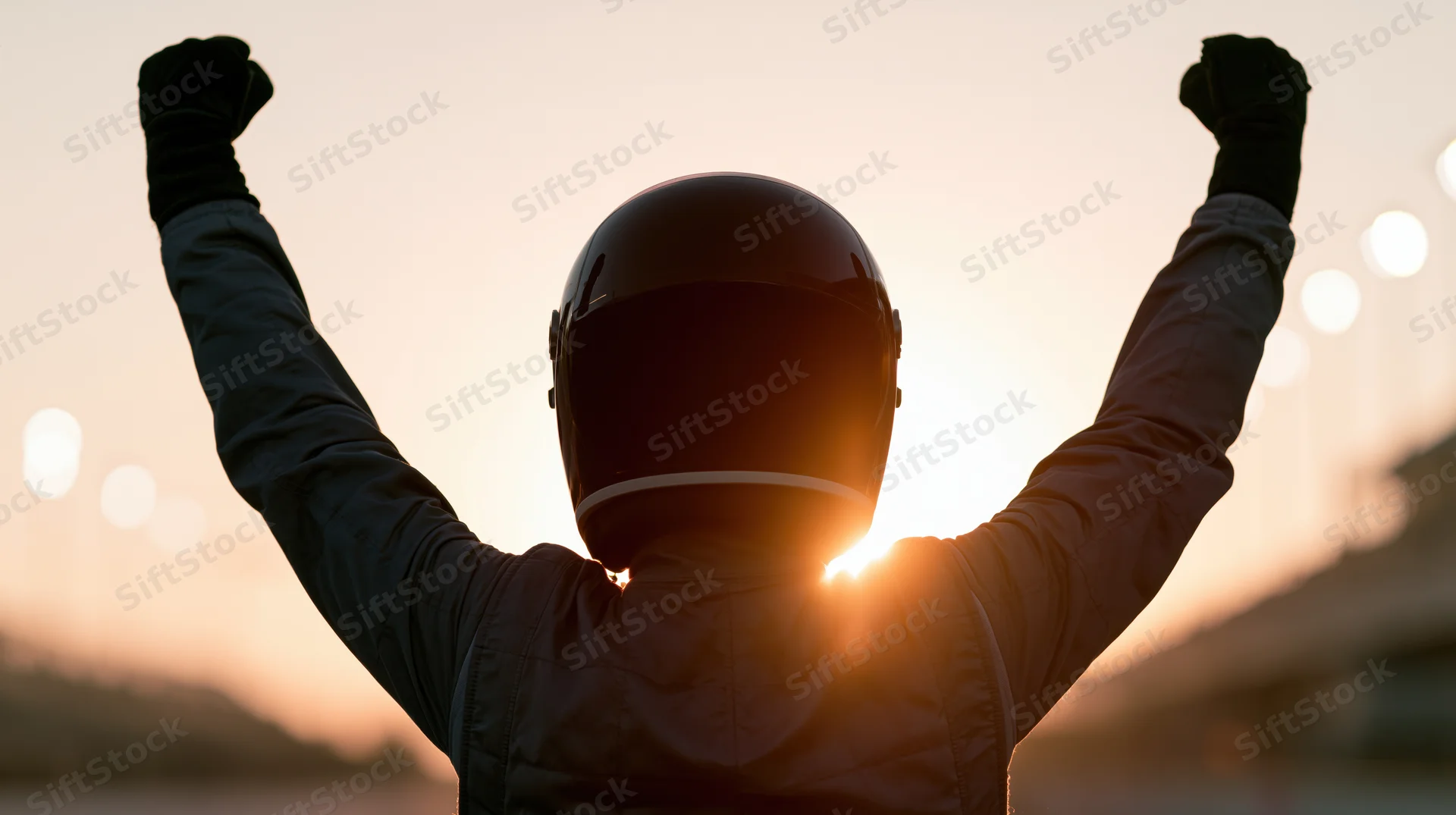 Racing driver in full helmet and suit raising arms in victory at sunset