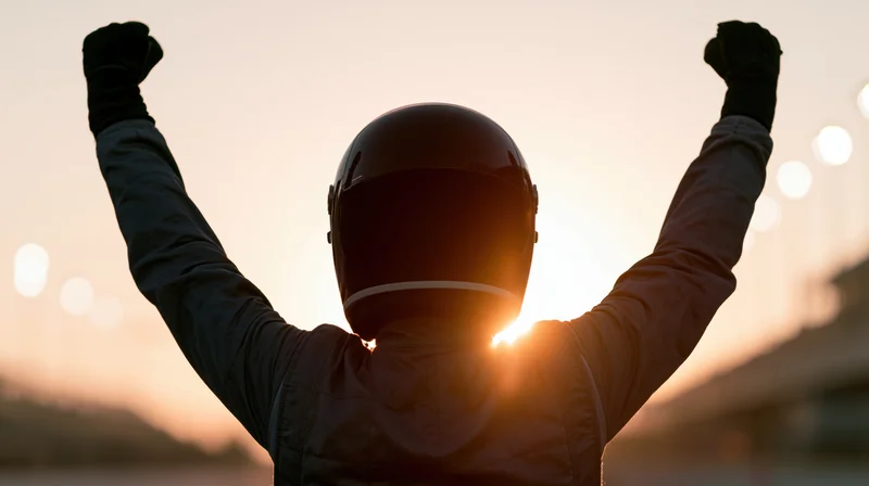 Racing driver in full helmet and suit raising arms in victory at sunset