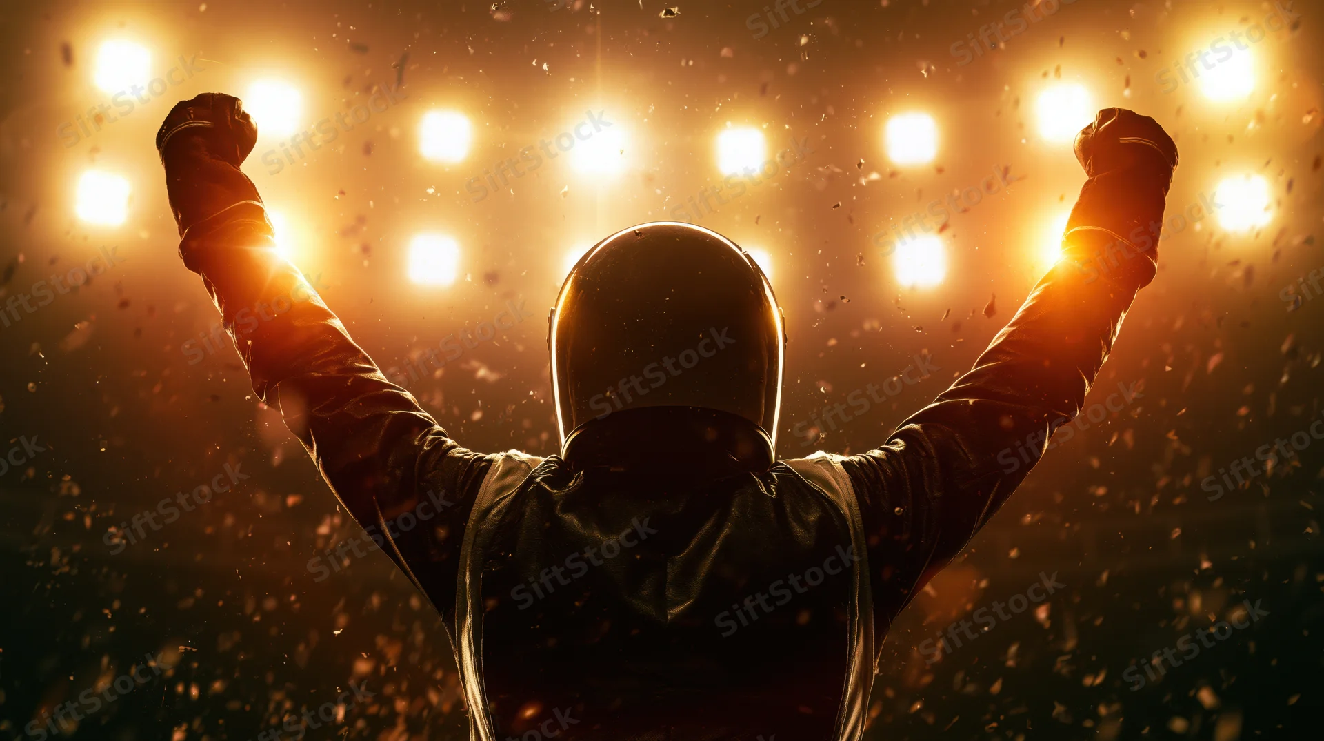 Racer celebrating victory with arms raised under stadium lights