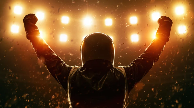Racer celebrating victory with arms raised under stadium lights