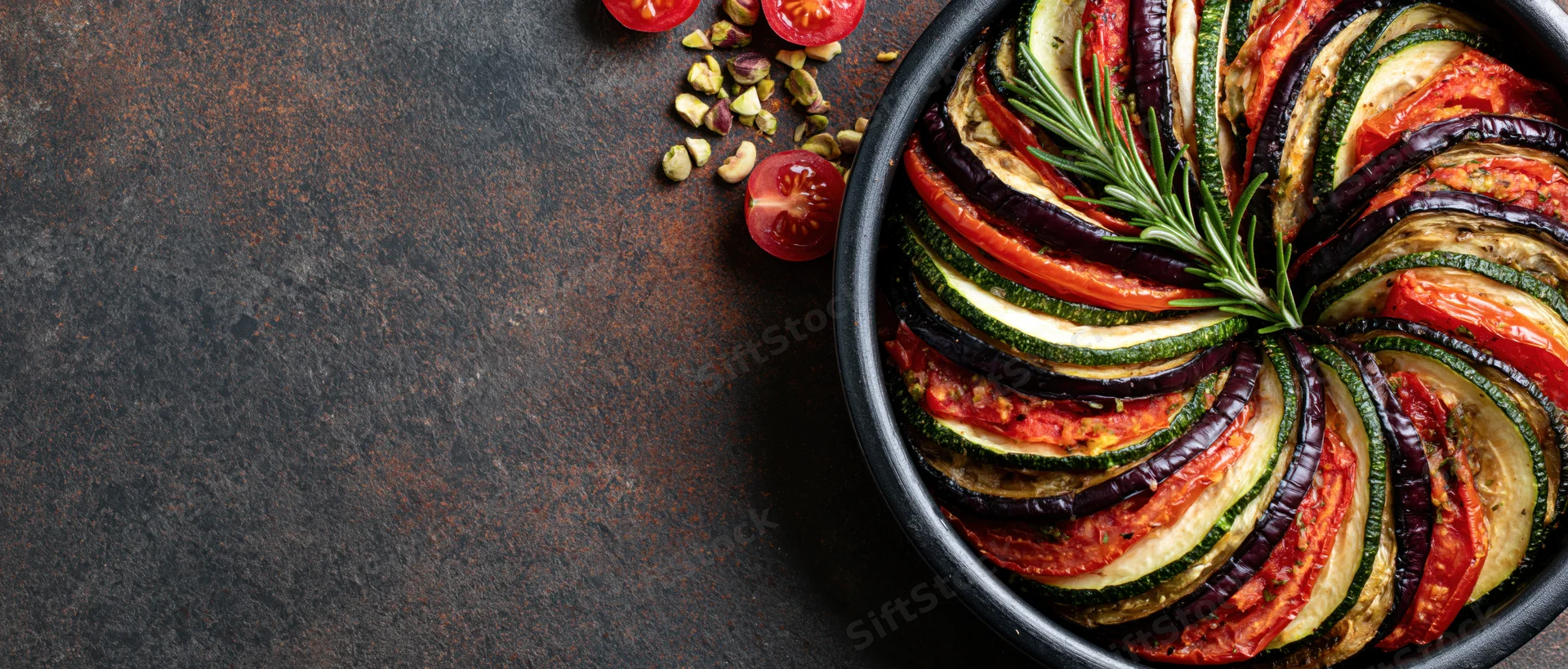 Ratatouille in a round baking dish with layered vegetables and rosemary garnish on a dark rustic surface