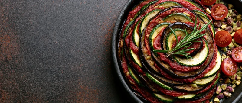 Ratatouille arranged in a spiral pattern in a round baking dish on a dark textured surface
