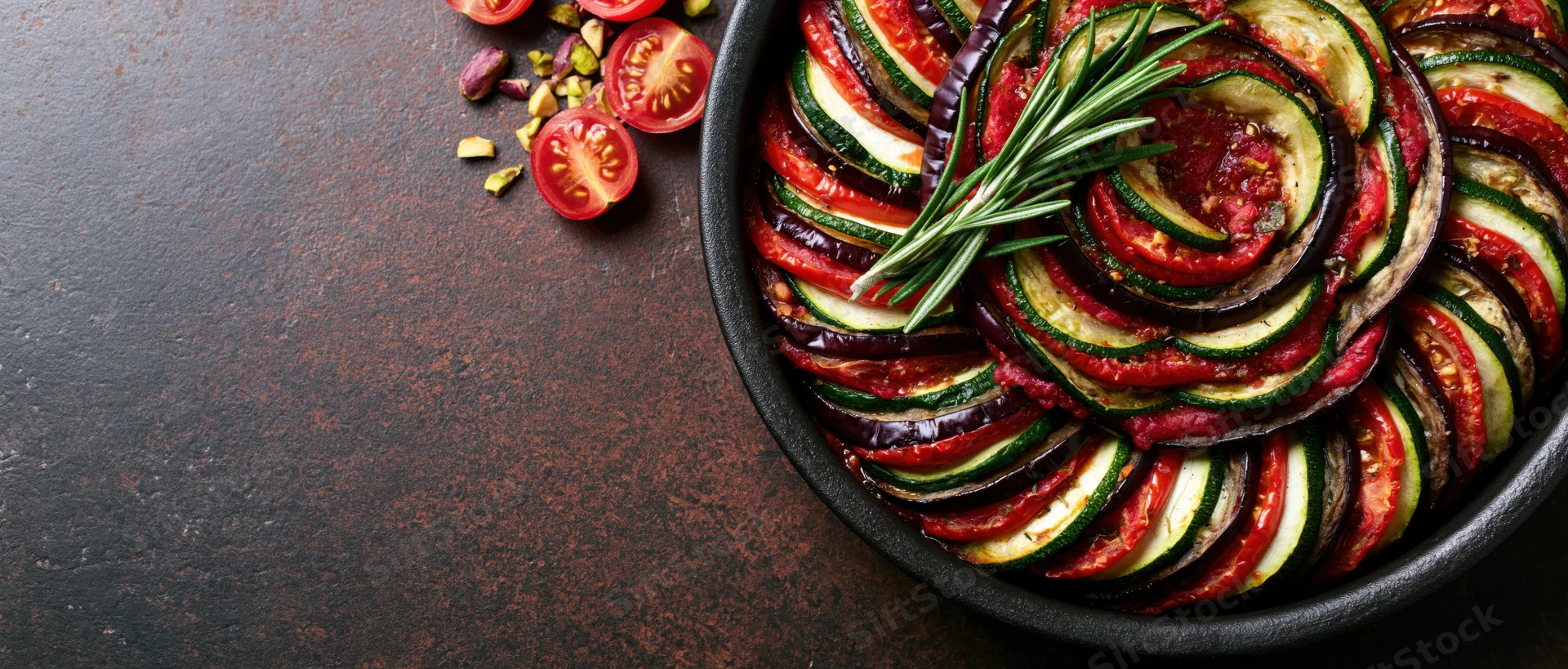 Ratatouille in a round baking dish with layered vegetables and rosemary garnish on a dark surface
