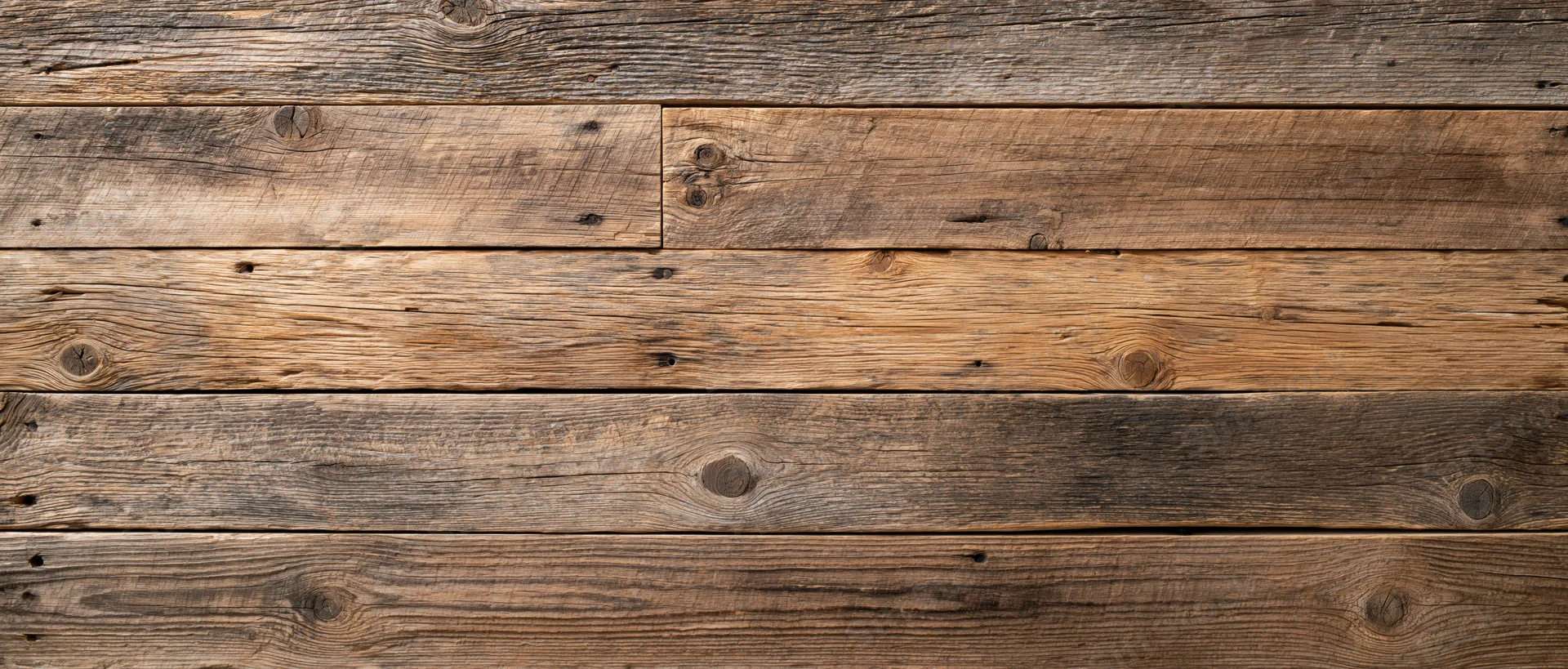 Reclaimed wood plank wall surface filling the frame with horizontal planks and visible grain and knots