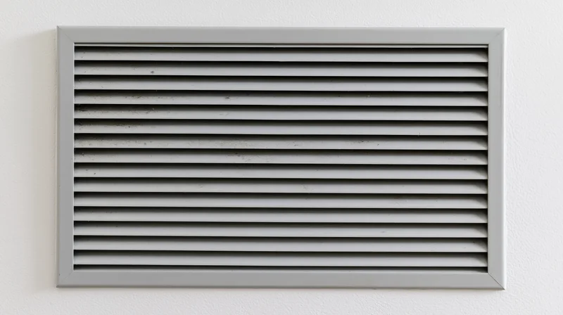 Rectangular metal vent grille with horizontal slats mounted on a white wall