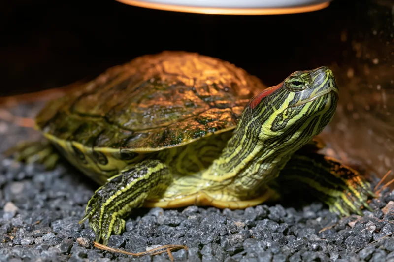 Red-eared slider turtle basking under heat lamp on dark gravel substrate in terrarium